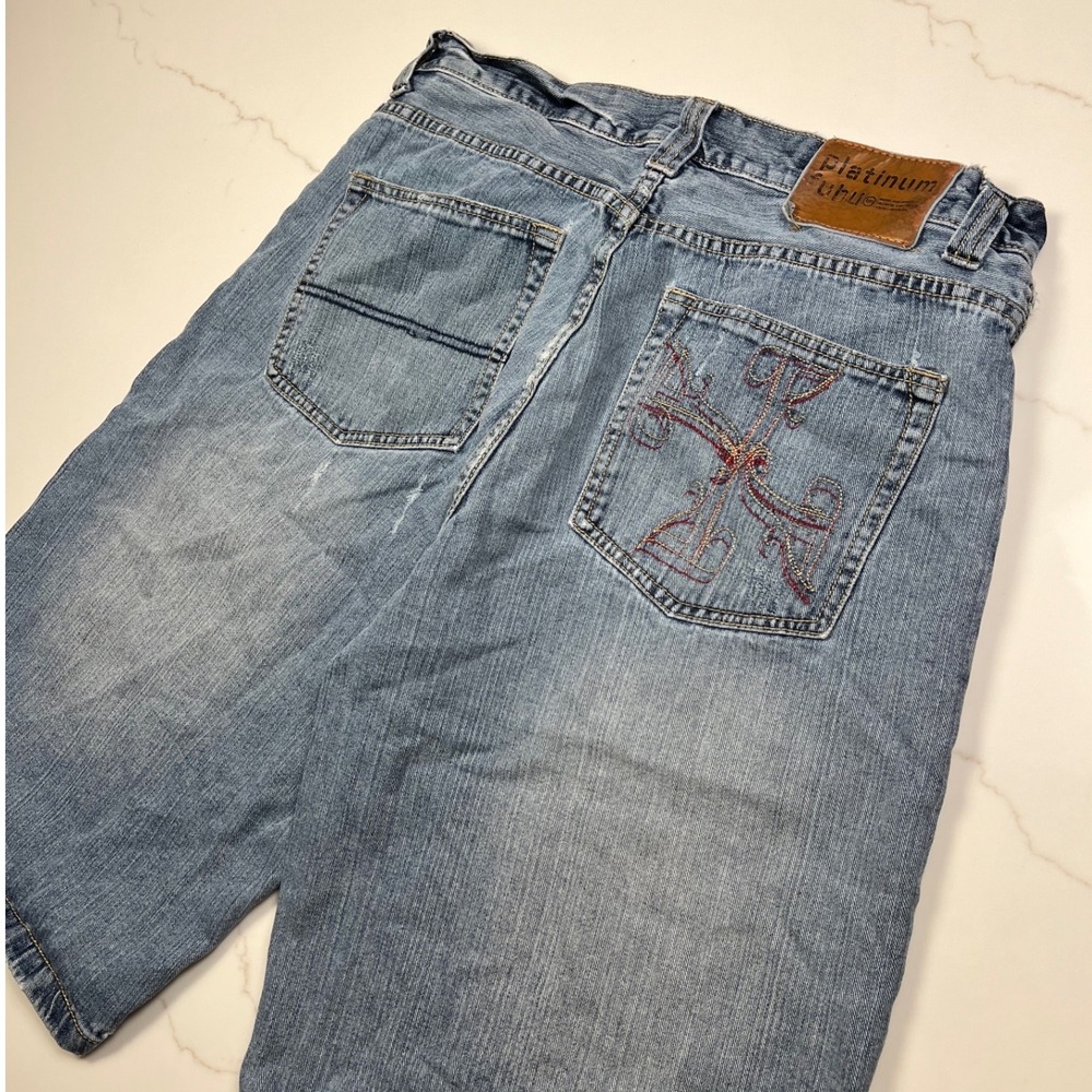 Platinum Fubu Jean Shorts Mens 36 Baggy Y2K Hip Hop Embroidered Light Wash